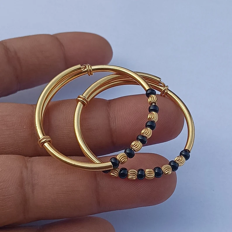 92.5 Sterling Silver baby bangle, Baby birthday Gift, beads Gold Polished Baby Bangle, Adjustable Bangle, Adjustable Nazariya Bangle